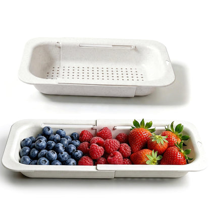 Over the Sink Colander Strainer Basket, Extendable Colander and Strainer for Kitchen, Wash Vegetables and Fruits, Drain Pasta and Dry Dishes, Adjustable Colander from 13.5In to 18.7In, White