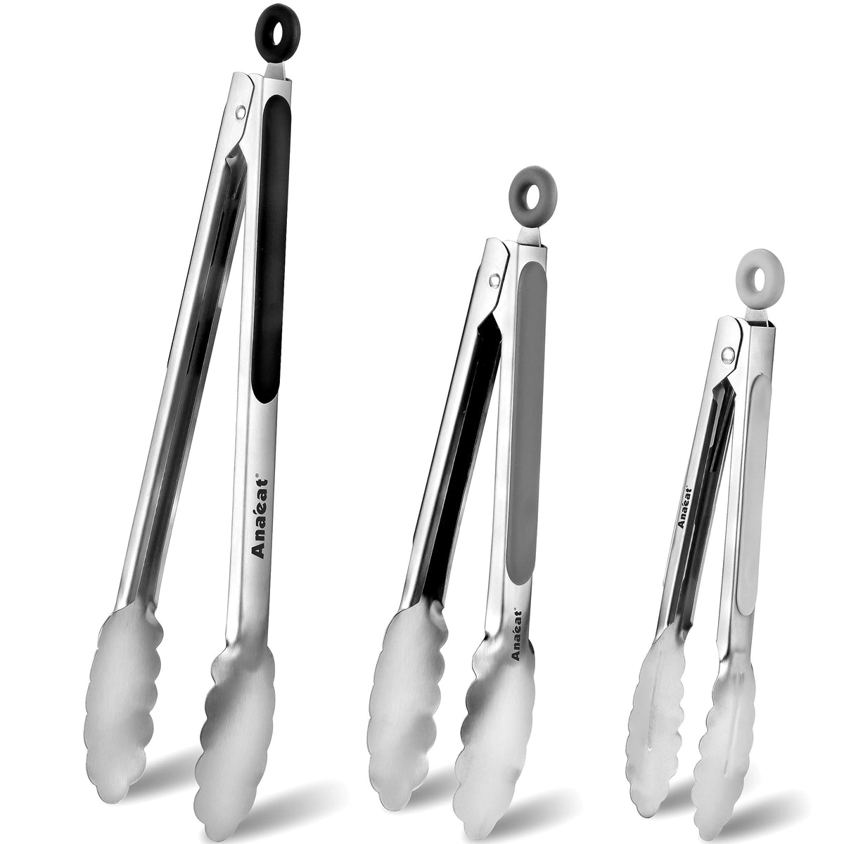 Anaeat Non-Stick Silicone Locking Tong Set of 3 - Stainless Steel 7", 9", 12" Kitchen Food Tongs with Non-Slip Silicone Tips and Grip for Cooking, Baking and BBQ - Heat Resistant up to 480°F (Black)