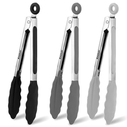 Anaeat Non-Stick Silicone Locking Tong Set of 3 - Stainless Steel 7", 9", 12" Kitchen Food Tongs with Non-Slip Silicone Tips and Grip for Cooking, Baking and BBQ - Heat Resistant up to 480°F (Black)