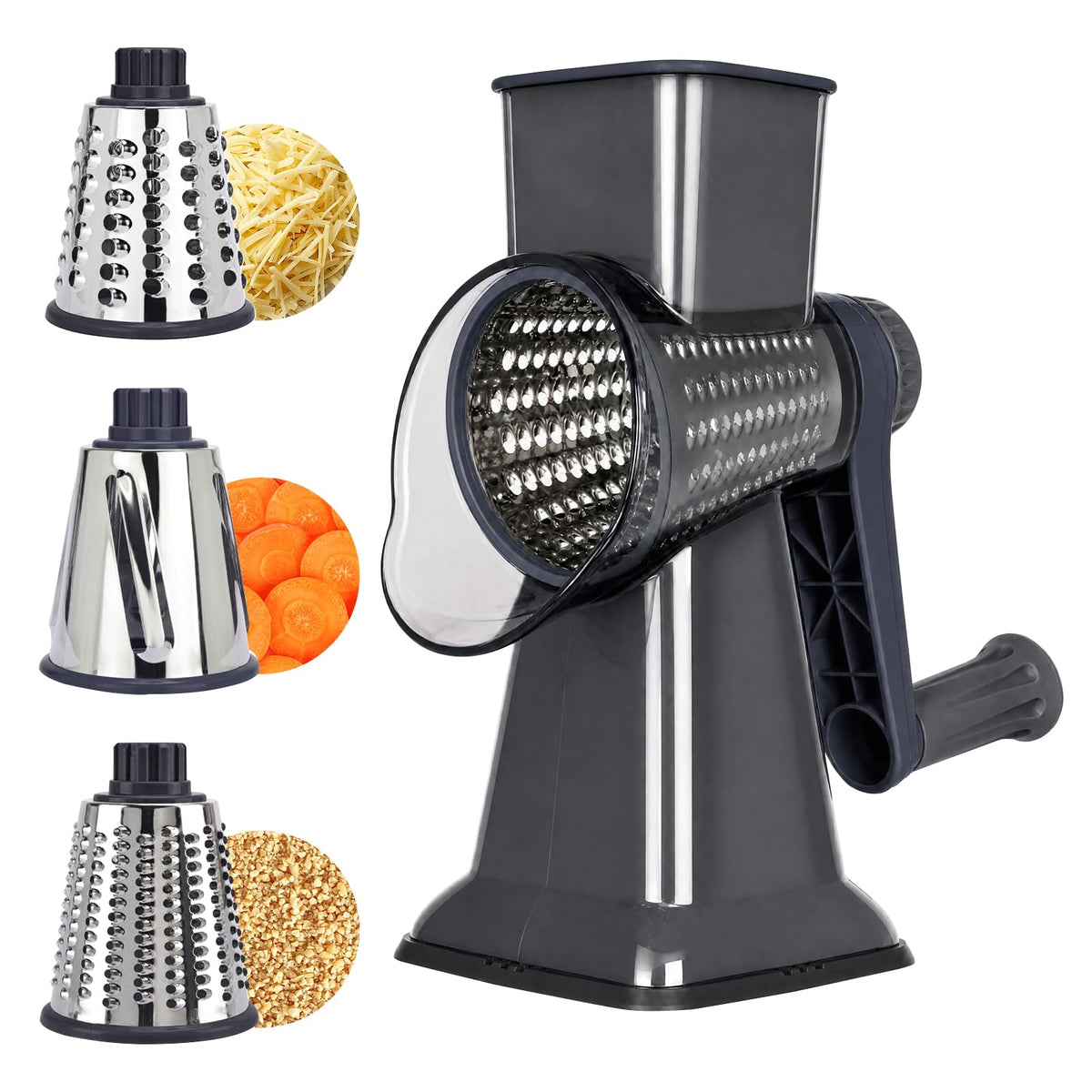 Rotary Cheese Grater, Cheese Grater Hand Crank, 3-Blade Grater