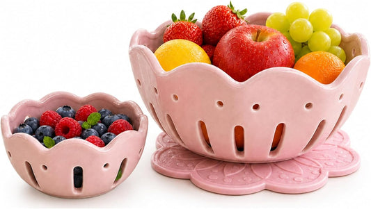 Ceramic Berry Bowls with Holes, Set of 2 Large and Small Berry Baskets with Non-Slip Flower Drip Mat, Fruit Colander for Rinsing, Draining, Serving, Kitchen Counter and Fridge Storage