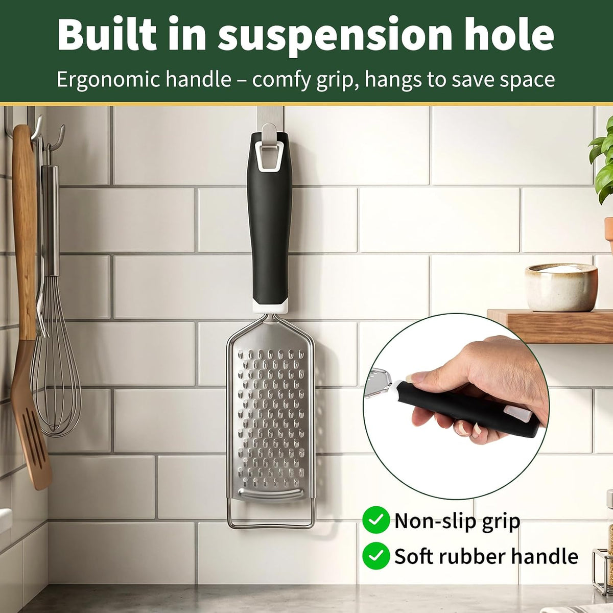 Butter Grater, Handheld Grater for Kitchen, Stainless Steel, Won't Rust, Non-Slip Handle, Durable Soft Grip, Flat Shredder for Cheese, Easy to Rinse, Works for Shredding Butter in Kitchen, Black