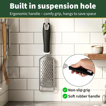 Butter Grater, Handheld Grater for Kitchen, Stainless Steel, Won't Rust, Non-Slip Handle, Durable Soft Grip, Flat Shredder for Cheese, Easy to Rinse, Works for Shredding Butter in Kitchen, Black