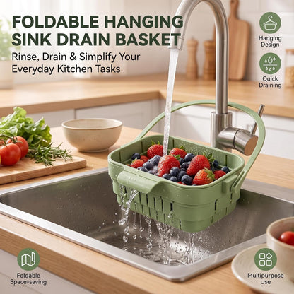 Foldable Hanging Sink Drain Basket – Stretchable Kitchen Colander with Flip Cover, Space-Saving Food Strainer & Multi-Functional Faucet Storage Rack, Draining for Fruits, Vegetables, Utensils (Green)