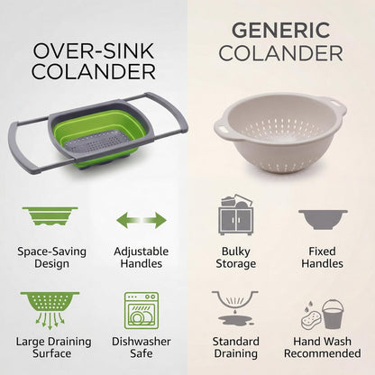 Qimh Colander collapsible, Colander Strainer Over The Sink Vegetable Fruit Strainer Basket (6 Quart) with Extendable Handles, New Kitchen Essentials