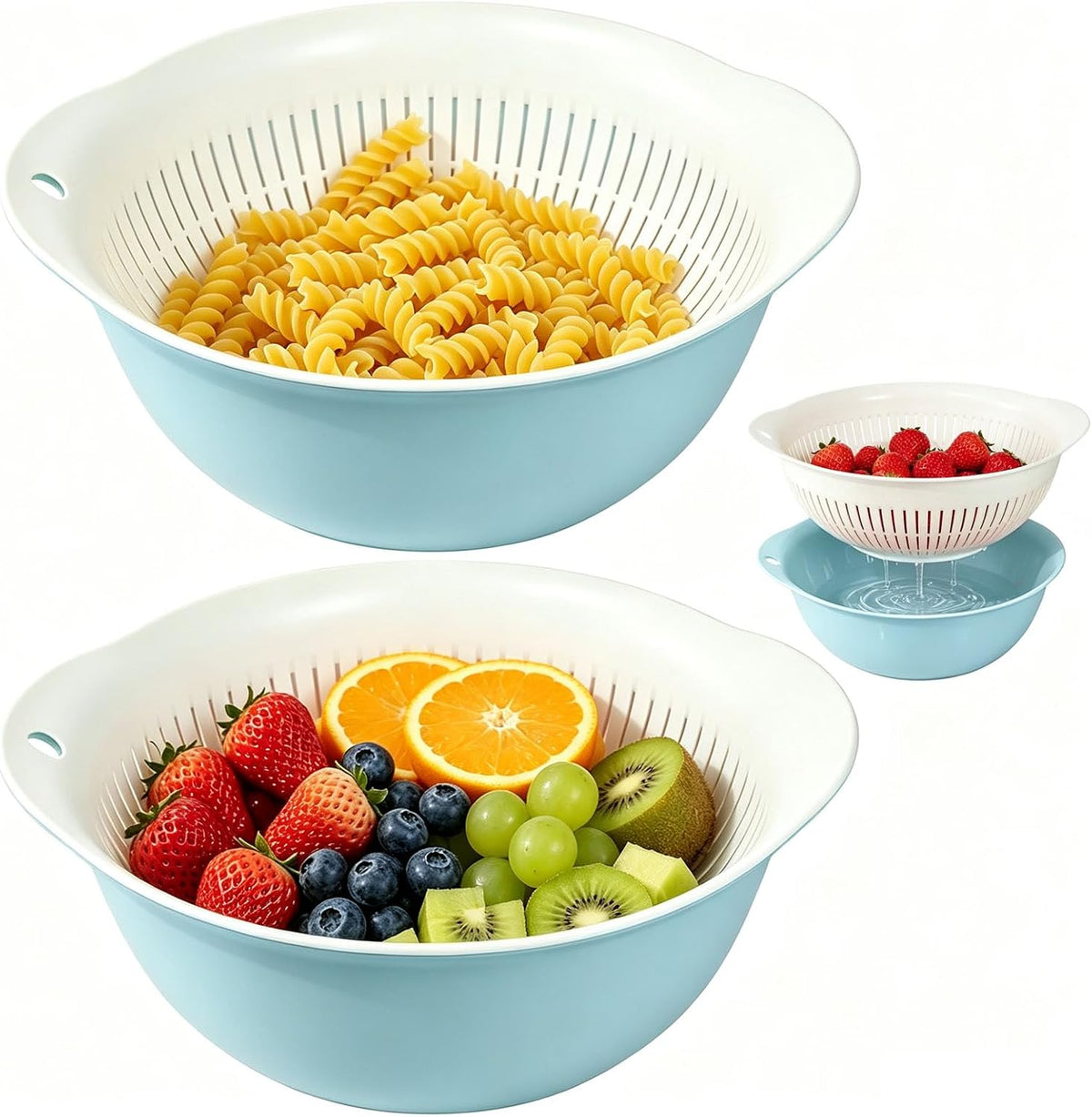 2-Piece Nesting Colander Bowl Set - Large Capacity Plastic Food Strainers for Pasta, Veggies & Fruits, Space-Saving Washing & Draining Basket (Blue)