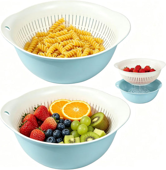 2-Piece Nesting Colander Bowl Set - Large Capacity Plastic Food Strainers for Pasta, Veggies & Fruits, Space-Saving Washing & Draining Basket (Blue)