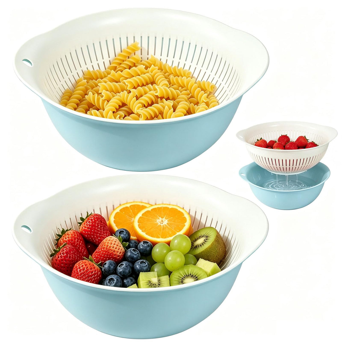 2-Piece Nesting Colander Bowl Set - Large Capacity Plastic Food Strainers for Pasta, Veggies & Fruits, Space-Saving Washing & Draining Basket (Blue)