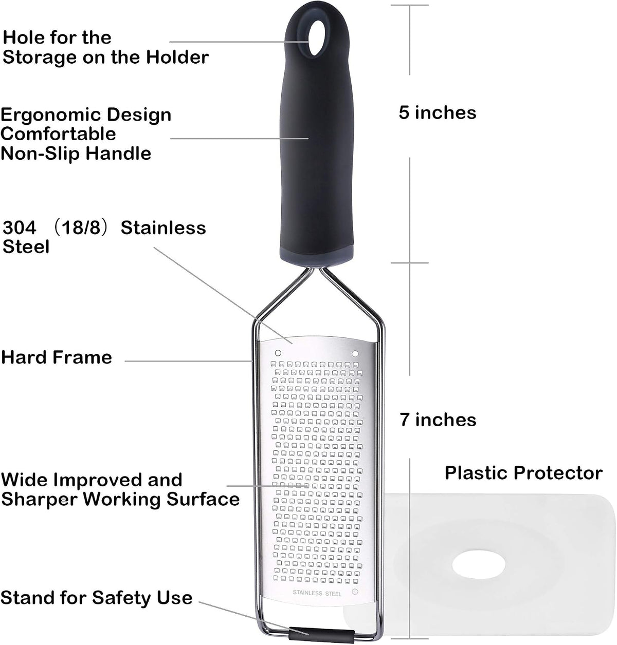 Wide Lemon Zester & Cheese Grater, 18/8 Stainless Steel with Cover, Black