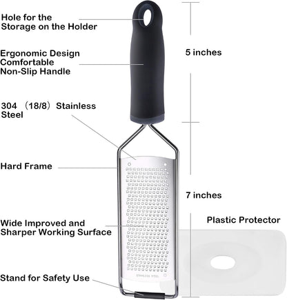 Wide Lemon Zester & Cheese Grater, 18/8 Stainless Steel with Cover, Black