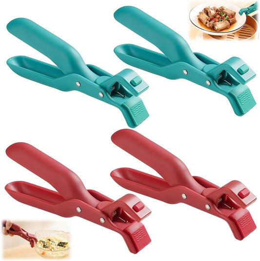 4PCS Hot Plate Gripper Tong, Dip Clips for Plate, Bowl Holder for Hot Food, Anti Scald Bowl Holder Clips for Kitchen (Red + Blue)