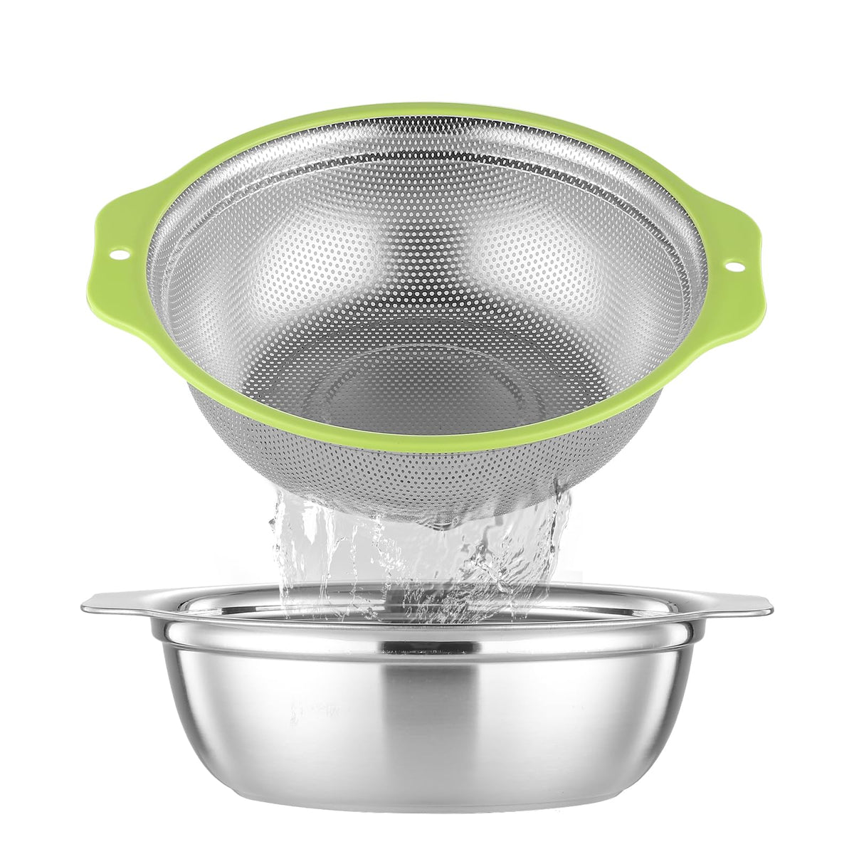 Colander Stainless Steel Microporous, 4QT Large Capacity Rice Strainer with Mixing Bowl, Rice Washing Bowl Set with Handle, Food-Grade Strainers and Colanders for Kitchen, Dishwasher Safe
