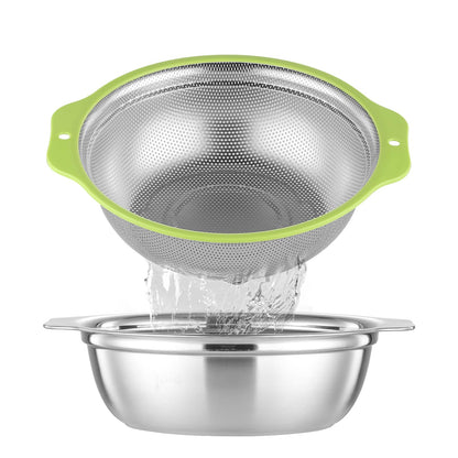 Colander Stainless Steel Microporous, 4QT Large Capacity Rice Strainer with Mixing Bowl, Rice Washing Bowl Set with Handle, Food-Grade Strainers and Colanders for Kitchen, Dishwasher Safe