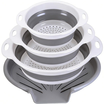 Collapsible Colander Set with Oversized Draining Tray | 3-Pack Foldable Kitchen Strainers + Base | Space Saving for Pasta, Veggies, Fruit & Rice | 5 Colors (Gray-Blue)