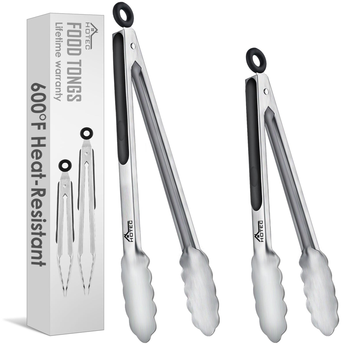 Hotec Tongs for Cooking Stainless Steel Kitchen Tongs Set of 2-9" and 12"