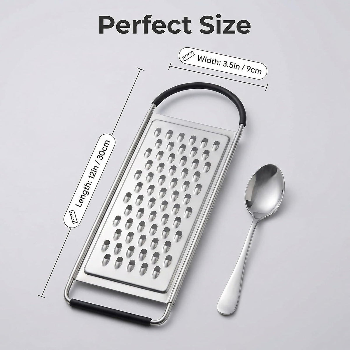 Flat Handheld Stainless Steel Cheese Grater, Non-Slip Ergonomic Handle Food Shredder, Multi Purpose Kitchen Slicer for Potato Vegetable Butter Chocolate Nuts, 1 Pack