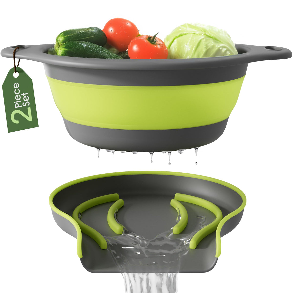 Gevoli Collapsible Colander Strainer, Includes Over-sink Countertop Draining Base (5QT) Large Kitchen Drainer for Vegetables Fruit and Pasta, Round Foldable Draining Basket, Easy Storage (White)