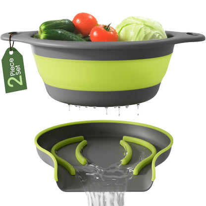 Gevoli Collapsible Colander Strainer, Includes Over-sink Countertop Draining Base (5QT) Large Kitchen Drainer for Vegetables Fruit and Pasta, Round Foldable Draining Basket, Easy Storage (White)