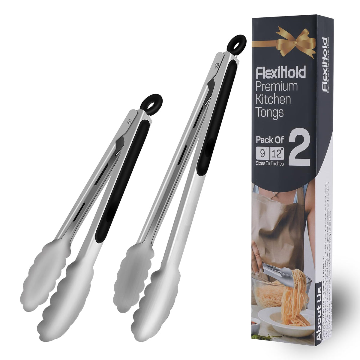 Kitchen Tongs Set, 2 Pack Stainless Steel with Silicone Tips