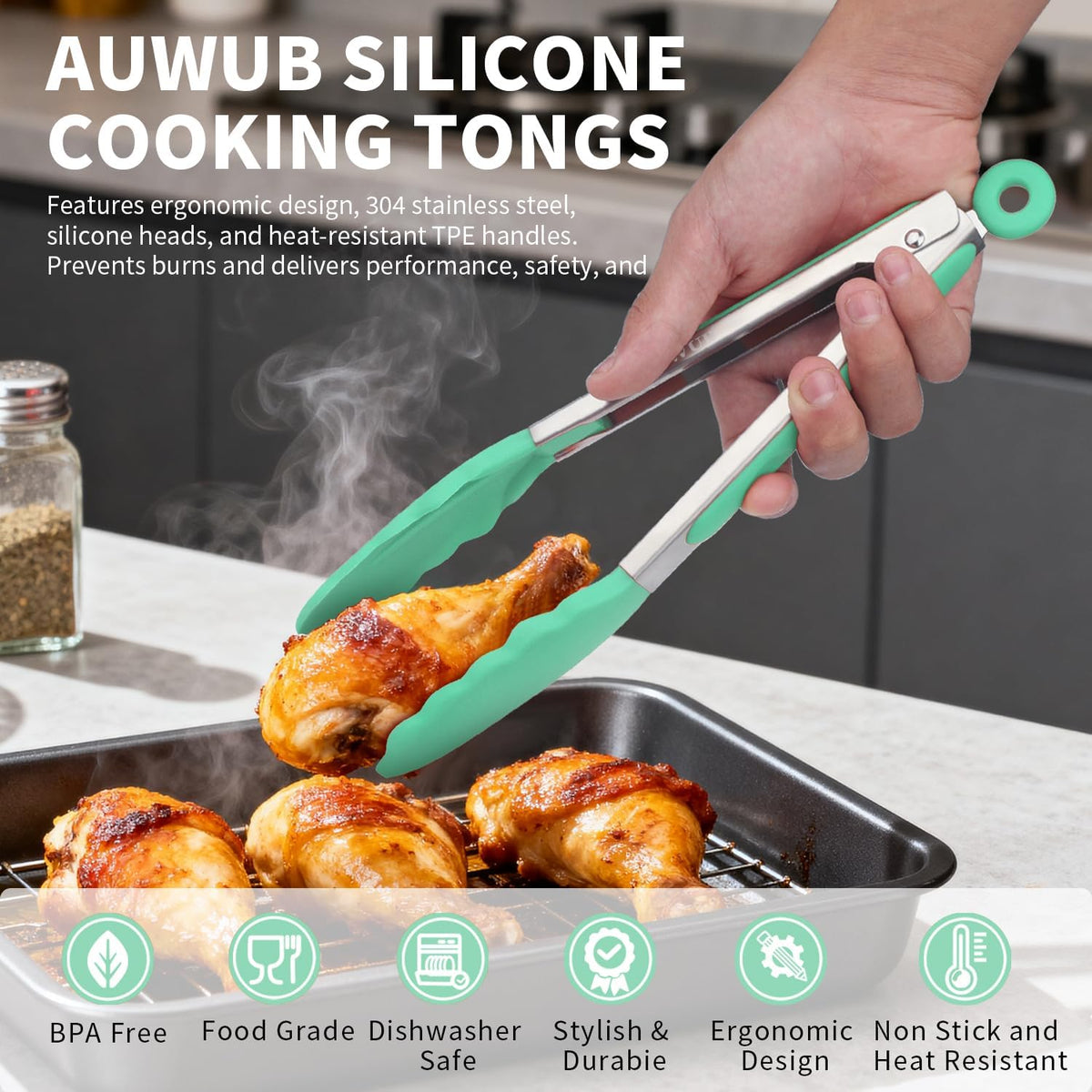 9 Inch Kitchen Tongs,Silicone Non-Slip Cooking Utensil for Grilling