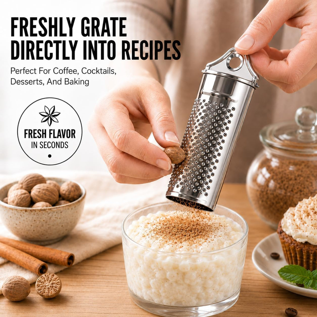 HIC Kitchen Nutmeg Grater, Stainless Steel, Grates Nutmeg, Cinnamon Sticks, Block Chocolate, Ginger, and Hard Cheeses