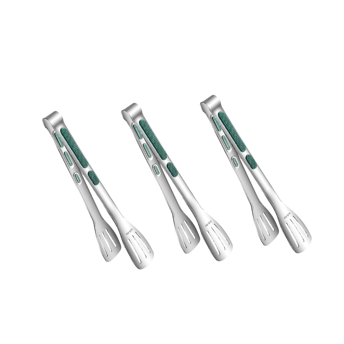Stainless Steel Kitchen Tong Set - Anti-Slip Heat-Resistant Grip, Widened 3-Line Slotted Heads for Easy Clamping (Steaks, BBQ, Pasta, Salads), Easy Clean for Versatile Use Set of 3-6", Green
