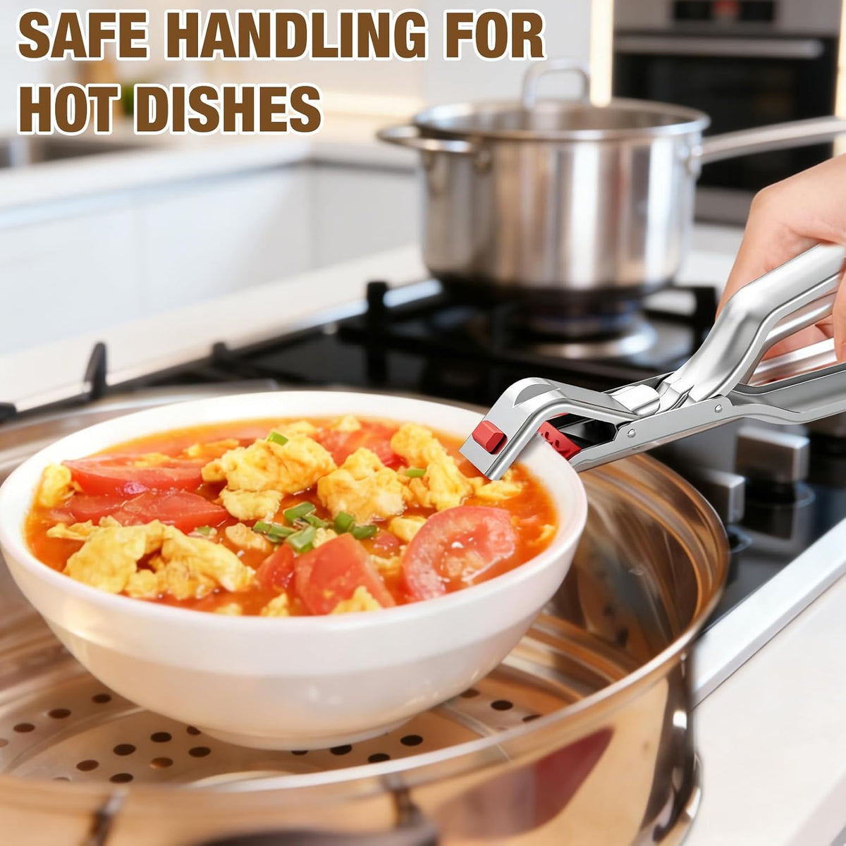 3Pcs Stainless Steel Hot Plate Gripper Tongs, Multi-Function Anti-Scald Bowl Clip, Kitchen Silicone Anti-Slip Heat Insulation Pplate Gripper, for Microwave, Pizza Pan, Toaster, Air Fryer, Oven