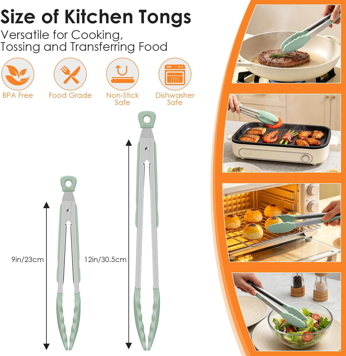 HOTEC Stainless Steel Kitchen Tongs with Silicone Tips, Set of 2-9" and 12"