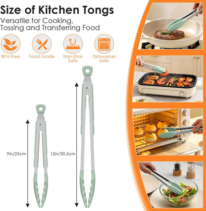 HOTEC Stainless Steel Kitchen Tongs with Silicone Tips, Set of 2-9" and 12"