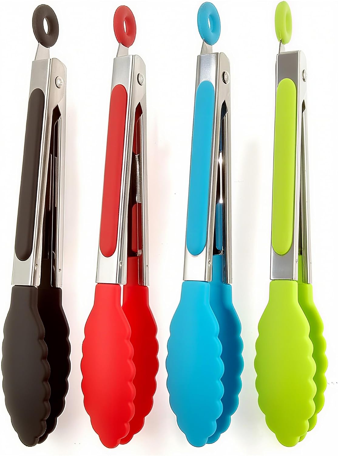 ZHIYE 9” Kitchen Tongs, 4 Pcs Silicone Tongs,Non-Slip Stainless Steel Tongs with Locking Clip for Food, Cooking, BBQ, Serving, Salad, Ice, Heat Resistant Food Grade