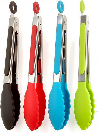 ZHIYE 9” Kitchen Tongs, 4 Pcs Silicone Tongs,Non-Slip Stainless Steel Tongs with Locking Clip for Food, Cooking, BBQ, Serving, Salad, Ice, Heat Resistant Food Grade