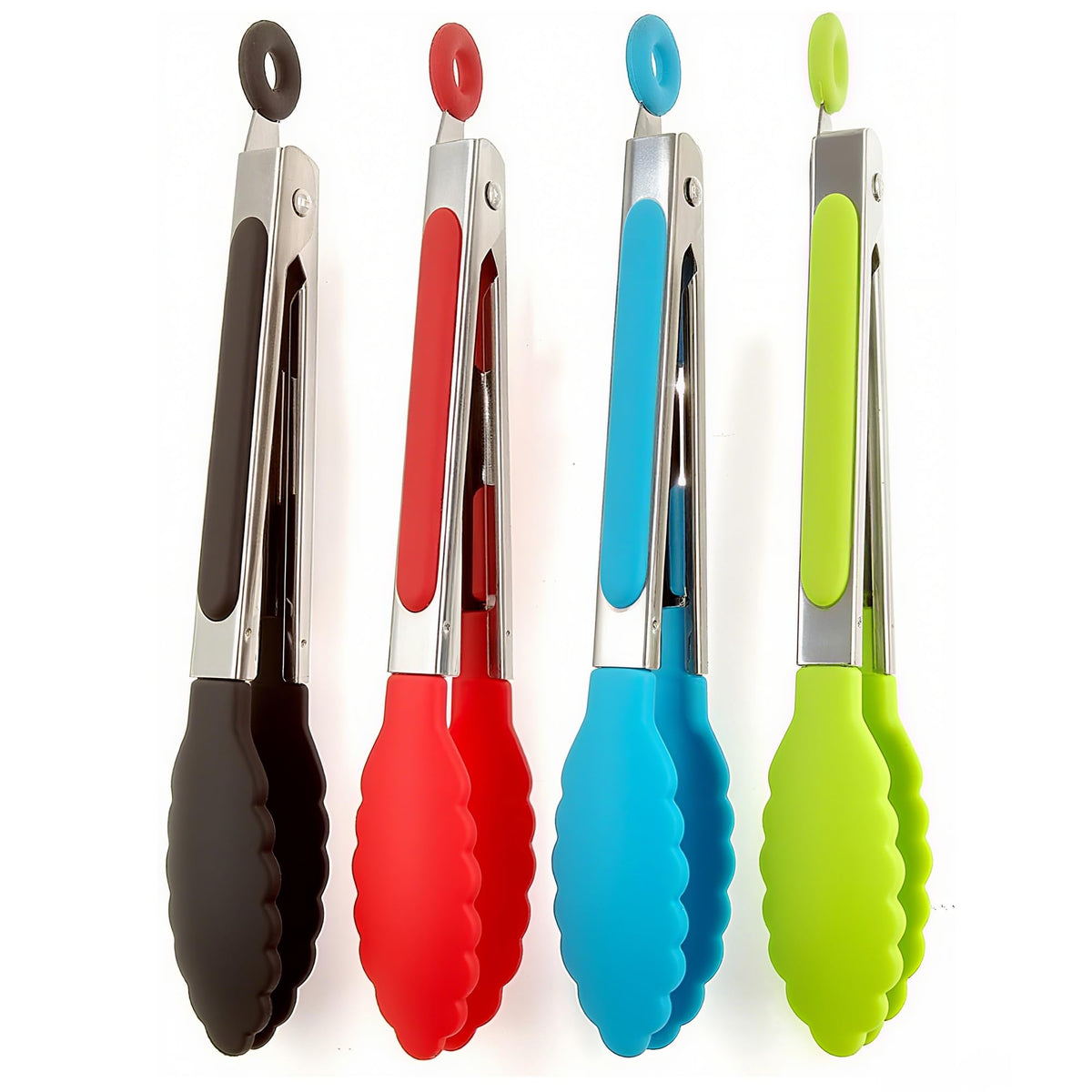 ZHIYE 9” Kitchen Tongs, 4 Pcs Silicone Tongs,Non-Slip Stainless Steel Tongs with Locking Clip for Food, Cooking, BBQ, Serving, Salad, Ice, Heat Resistant Food Grade