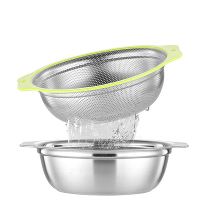 Colander Stainless Steel Microporous, 4QT Large Capacity Rice Strainer with Mixing Bowl, Rice Washing Bowl Set with Handle, Food-Grade Strainers and Colanders for Kitchen, Dishwasher Safe