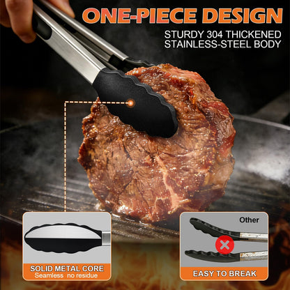 TACGEA Stainless Steel Kitchen Tongs with Silicone Tips, Locking Grilling Food Tongs, 9" and 12", Set of 2 Black
