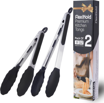 Kitchen Tongs Set, 2 Pack Stainless Steel with Silicone Tips