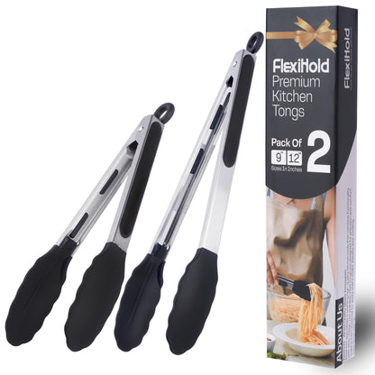 Kitchen Tongs Set, 2 Pack Stainless Steel with Silicone Tips