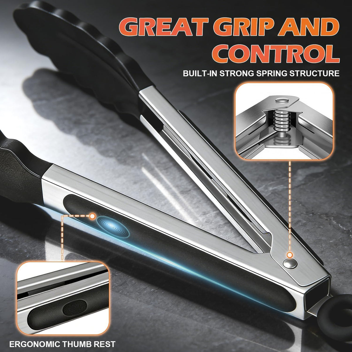 TACGEA Stainless Steel Kitchen Tongs with Silicone Tips, Locking Grilling Food Tongs, 9" and 12", Set of 2 Black