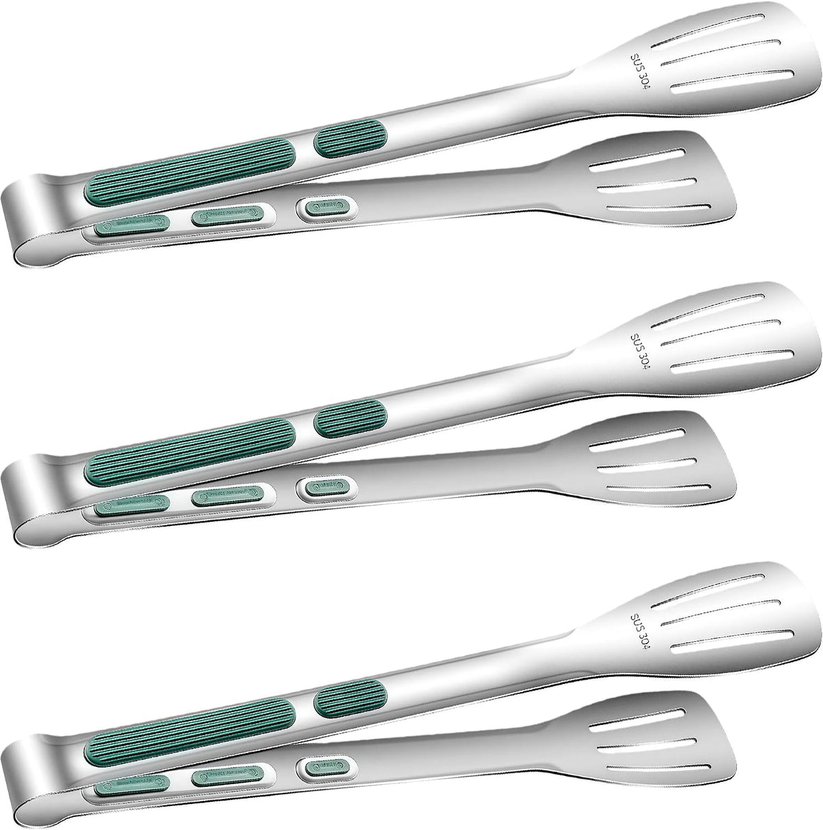 Stainless Steel Kitchen Tong Set - Anti-Slip Heat-Resistant Grip, Widened 3-Line Slotted Heads for Easy Clamping (Steaks, BBQ, Pasta, Salads), Easy Clean for Versatile Use Set of 3-6", Green