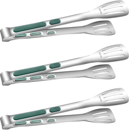 Stainless Steel Kitchen Tong Set - Anti-Slip Heat-Resistant Grip, Widened 3-Line Slotted Heads for Easy Clamping (Steaks, BBQ, Pasta, Salads), Easy Clean for Versatile Use Set of 3-6", Green