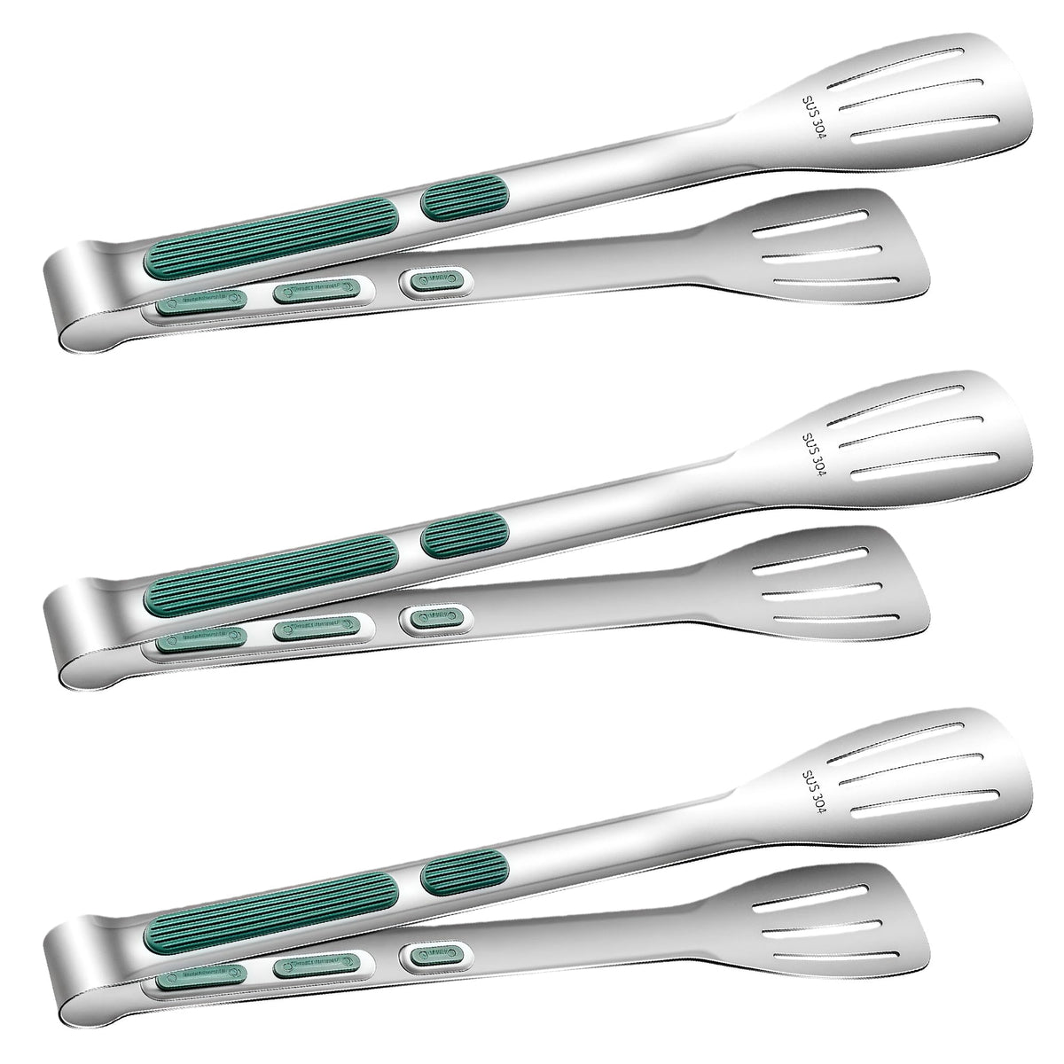Stainless Steel Kitchen Tong Set - Anti-Slip Heat-Resistant Grip, Widened 3-Line Slotted Heads for Easy Clamping (Steaks, BBQ, Pasta, Salads), Easy Clean for Versatile Use Set of 3-6", Green