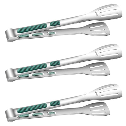 Stainless Steel Kitchen Tong Set - Anti-Slip Heat-Resistant Grip, Widened 3-Line Slotted Heads for Easy Clamping (Steaks, BBQ, Pasta, Salads), Easy Clean for Versatile Use Set of 3-6", Green