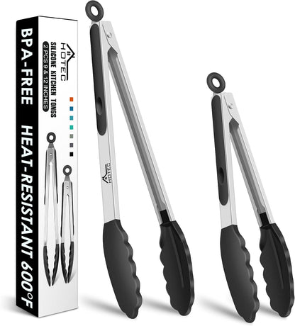 HOTEC Stainless Steel Kitchen Tongs with Silicone Tips, Set of 2-9" and 12"