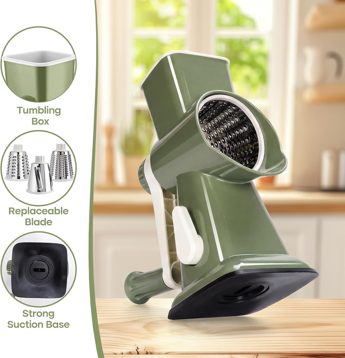 Rotary Cheese Grater, Cheese Grater Hand Crank, 3-Blade Grater