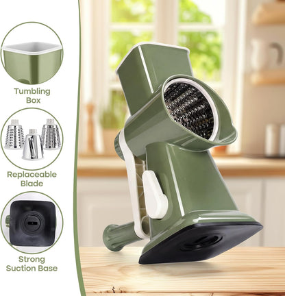 Rotary Cheese Grater, Cheese Grater Hand Crank, 3-Blade Grater
