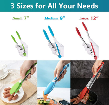 7/9/12 Inch Kitchen Tongs Set of 3, Cooking Tongs with Silicone Tips