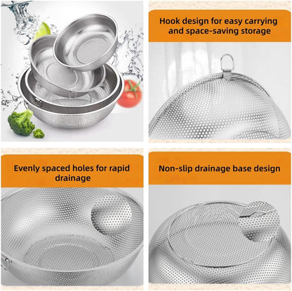 2 Pack Stainless Steel Colander Berry Colanders Baskets,Metal Strainer Colander, Micro-Perforated & Elevated Feet for Draining Food Vegetable Fruit (8.85"x8.85"x2.95")