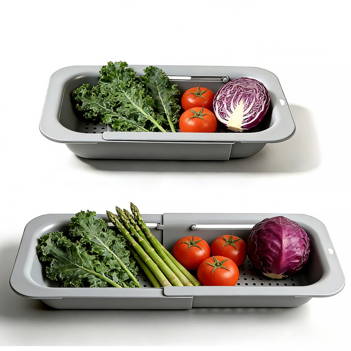 Over the Sink Colander Strainer Basket, Extendable Colander and Strainer for Kitchen, Wash Vegetables and Fruits, Drain Pasta and Dry Dishes, Adjustable Colander from 13.5In to 18.7In, White