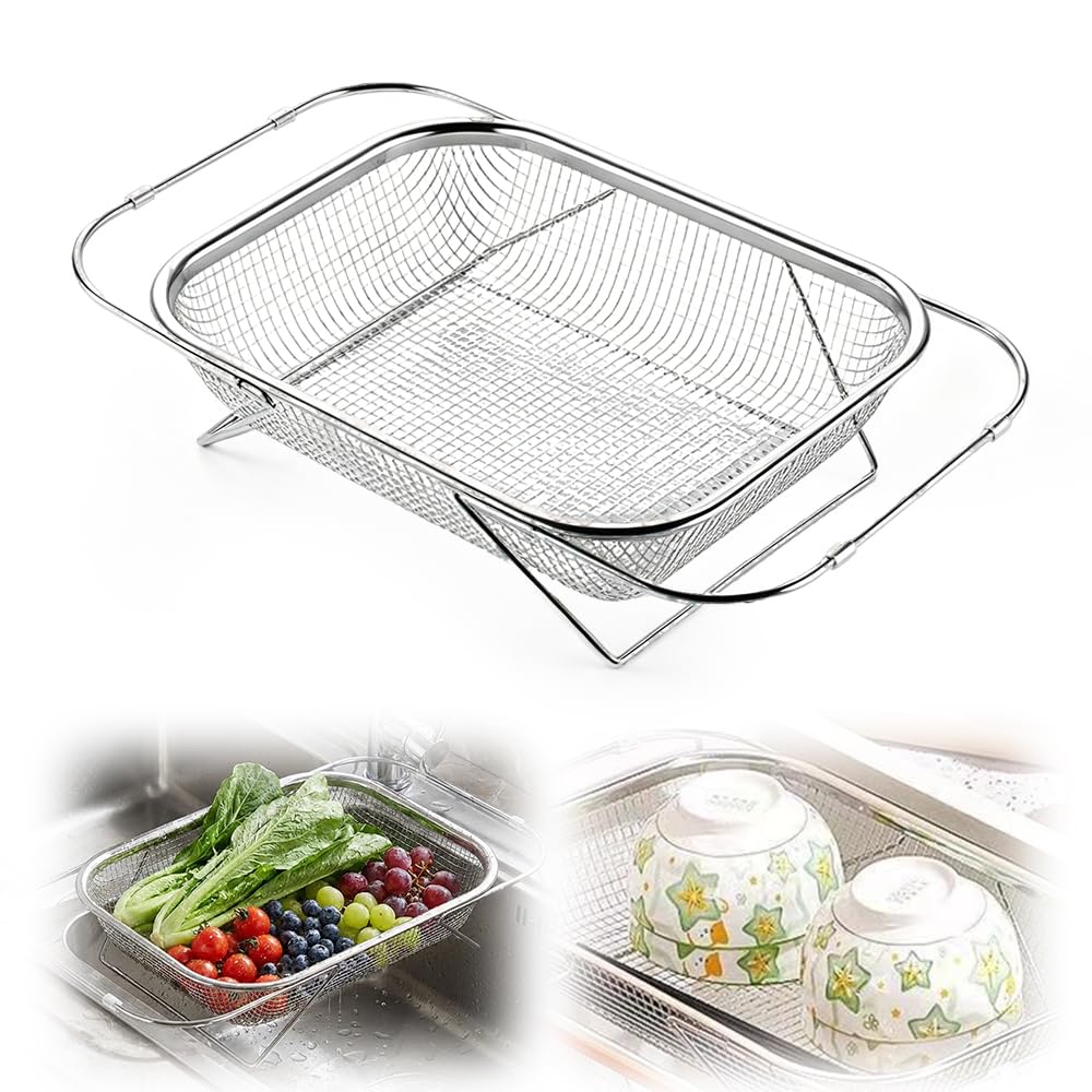Stainless Steel Over-The-Sink Colander Strainer Basket, Expandable Sink Colander for Kitchen, Vegetable Washing & Food Draining (11.5 * 8.5in)