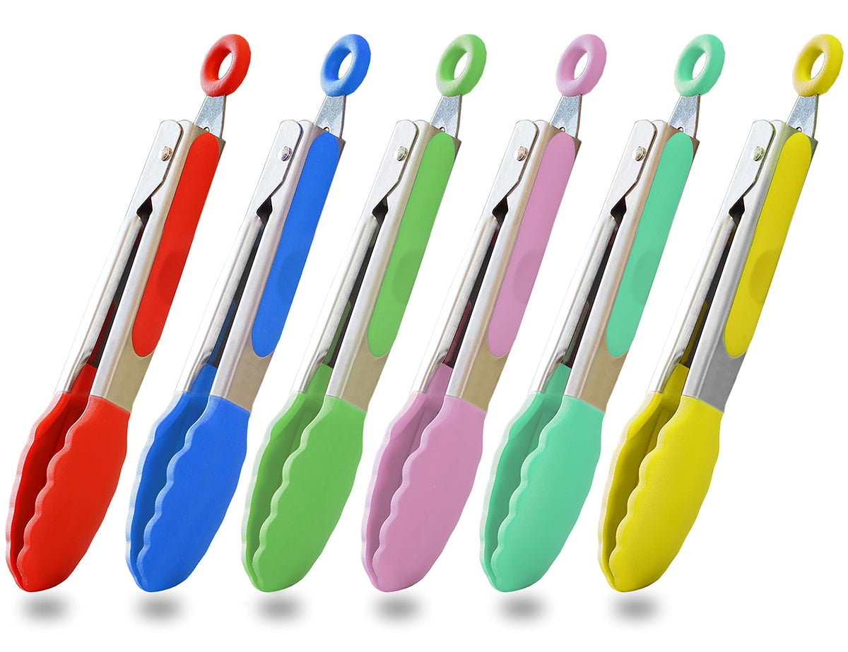 HINMAY Mini Tongs with Silicone Tips 7-Inch Serving Tongs, Set of 3 (Red Blue Green)