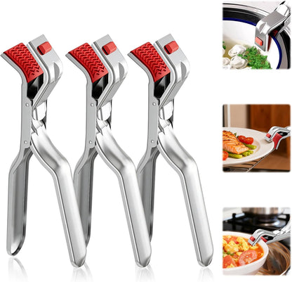 3Pcs Stainless Steel Hot Plate Gripper Tongs, Multi-Function Anti-Scald Bowl Clip, Kitchen Silicone Anti-Slip Heat Insulation Pplate Gripper, for Microwave, Pizza Pan, Toaster, Air Fryer, Oven